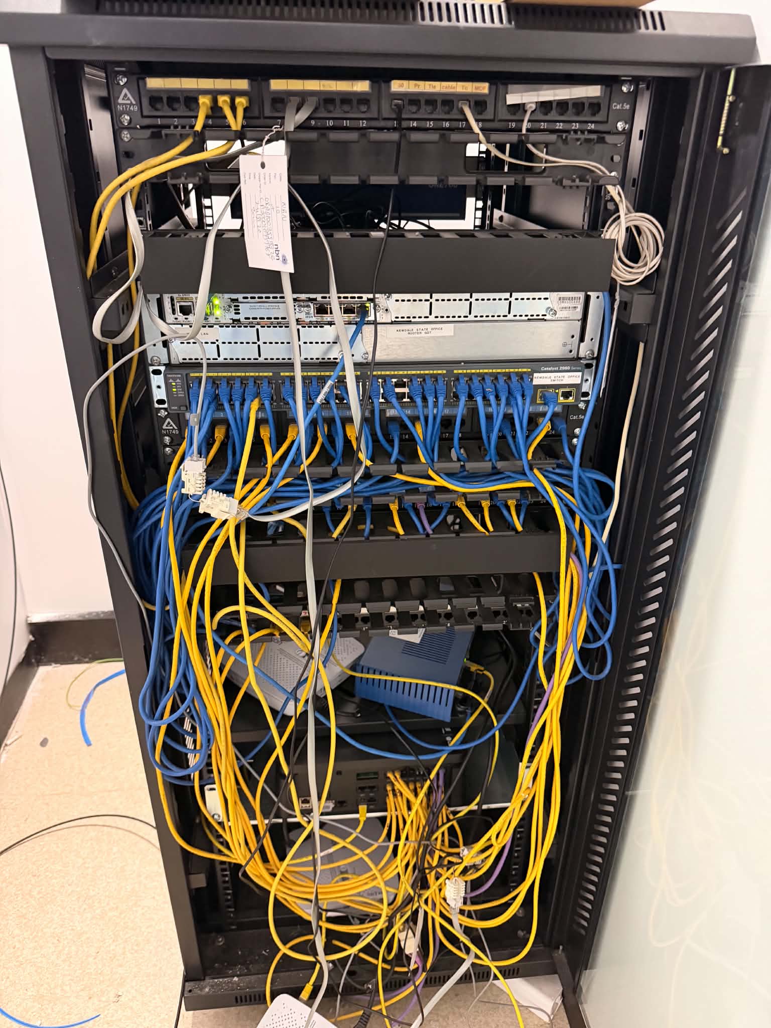 Business network cabinet before AY Technology cable organisation